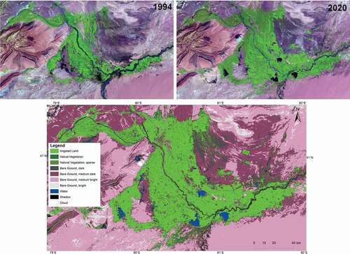 Figure 3. Landsat false colour mosaics (SWIR-NIR-RED) of the irrigated area around Aksu of about 1994 and 2020 (above) and classified land cover/land use of the year 2020 (below).