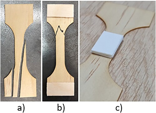 Figure 3. (#a) Non-reinforced sample with failure in the clamping zone, (b) Reinforced sample with failure closer to the central area as observed in the majority of the reinforced samples, (c) Sample with blotting paper strip.
