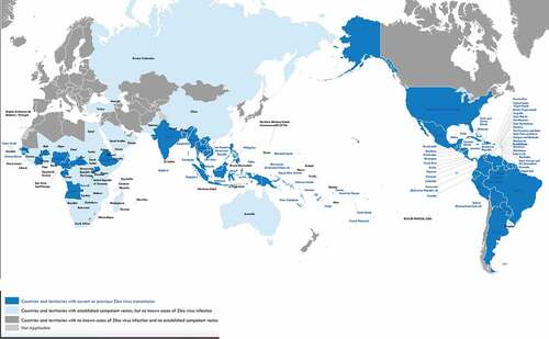 Figure 1. Countries and territories with current or previous Zika virus transmission