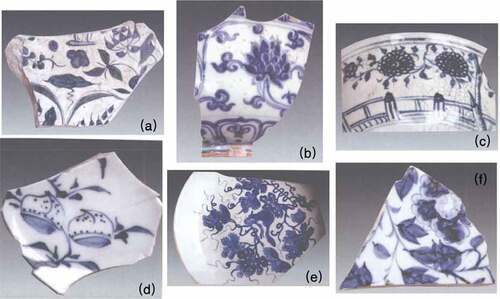 Figure 7. Examples of the archeological ceramic pieces: (a) lotus pattern, Yuan; b) decoration with interlock branch lotus, Ming; c) chrysanthemum pattern, Ming; d) peach grain, Qing; e) grape pattern, Qing; f) pattern with fold branch peony, Yuan.
