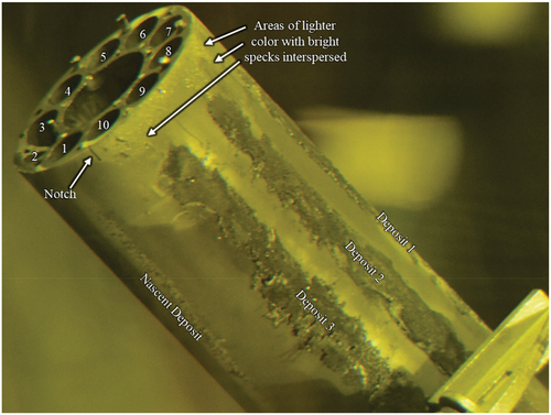 Fig. 26. Capsule 1 holder, showing the fuel stacks and major deposits.