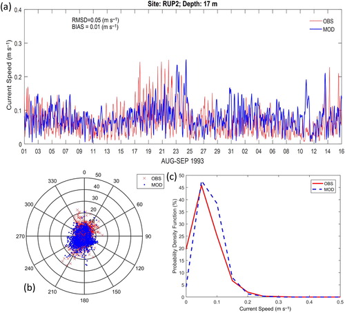 Fig. 10 (a) Model-generated hourly averaged current speed in August–September 1993 (blue line) at a depth of 17 m at RUP2 marked in Fig. 2, with comparisons to observations (red line). (b) Model-generated current vectors (blue dots) are compared with observations (red crosses). The numbers on the outer ring represent current directions in degrees clockwise from true north while the row of numbers on the smaller to larger circles are current speeds (cm s−1). (c) Current speed histogram for model results (blue dashed line) and observations (red line).