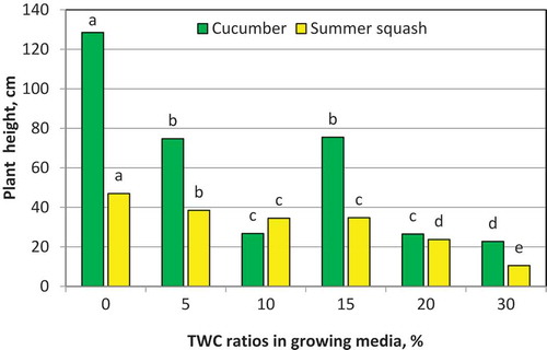 Figure 2. Influence of different TWC ratios in growing media on plant height of cucumber and summer squash plants at harvesting