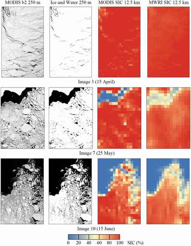 Figure 5. MODIS Band 2 reflectance, the ice-water binary map, the MODIS SIC, and the MWRI SIC of Image 3 (15 April 2018), Image 7 (25 May 2018) and Image 10 (15 June 2018).