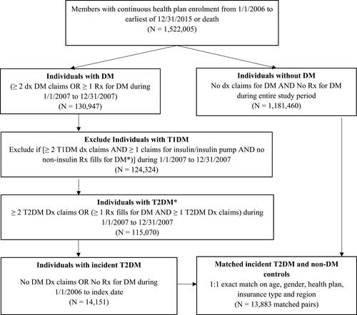 Figure 1 Study cohort identification criteria.Note: *Metformin was allowed.Abbreviations: Dx, diagnosis; Rx, prescription; DM, diabetes mellitus; T1DM, type 1 diabetes mellitus; T2DM, type 2 diabetes mellitus.