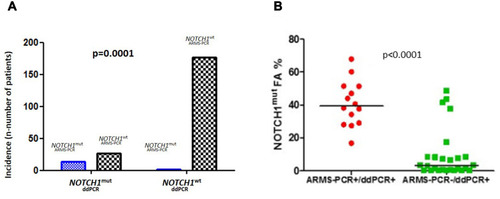 Figure 1 The coexistence of NOTCH1mut detection with ddPCR and ARMS-PCR. (A) The coexistence of NOTCH1mut detection with ddPCR and ARMS-PCR. Fisher’s exact test confirmed the coexistence of NOTCH1mut detection with both methods (p=0.0001). The frequency of CLL patient with NOTCH1mut assessed by ddPCR was higher than ARMS-PCR (18.55% vs 6%). (B) The median NOTCH1mut allelic burden was significantly higher in a group defined as mutated by both ARMS-PCR and ddPCR compared to a group defined as mutated only by ddPCR (39.45 vs 3.27%, p<0.0001).