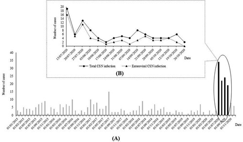 Figure 1. Monthly distribution of CNS infections among children in Thai Binh Pediatric Hospital, Viet Nam from 01/01/2015 to 31/12/2020 (black bars: period of current study) (A) and daily distribution of CNS infections among children in Thai Binh Pediatric Hospital, Viet Nam during the study period (B)