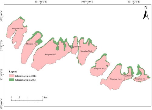 Figure 9. The typical glacier area change during 2001–2014 in Lenglongling Mountains.