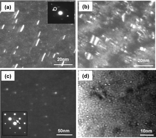 Figure 17 TEM images showing microstructural features observed in CW type 316 SSs PWR-irradiated to 53 dpa: (a) rel-rod dark field image of dislocation loops; (b) dark field image of dislocation loops and black dots; (c) dark field image of Ni3Si precipitates; and (d) defocused image of bubbles [Citation220]