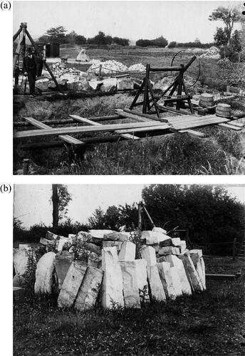 FIG. 5 The Walter’s Ash sarsen quarry: (a) scaffolding and a windlass suspended over a pit, surrounded by split sarsen blocks and waste, 1915 (P250215); (b) a pile of partially-prepared sarsen blocks intended for Windsor Castle, 1919 (P250214) (courtesy of the British Geological Survey http://geoscenic.bgs.ac.uk).