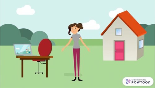 Figure 2. Explaining Choice and Control. Description: The researcher is standing in the middle of a grassy field. To her right is a desk with a chair and a laptop indicating interviews could be conducted online. To her left is a house, indicating interviews could be conducting in their home.