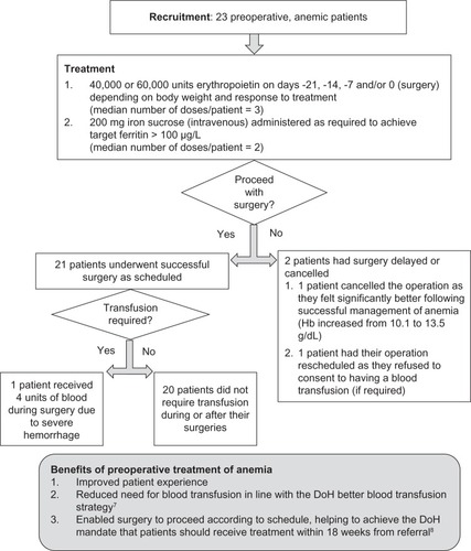 Figure 1 Pilot clinic: overview and results of a trial to investigate the impact of preoperative treatment of anemic patients awaiting orthopedic surgery.Citation9,Citation10