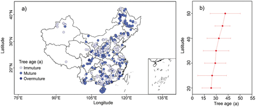 Figure 4. The spatial distribution of the mean stand age of plantations over China, grouped according to the age classes of major tree species and the classification standards by the State Forestry Administration of China (Citation2018).