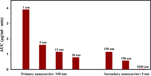 Figure 17. The area under curve (AUC) for the free drugs in extracellular space for different cases; The smaller secondary nanoparticles have higher accumulation in the tissue, which in turn provides a higher concentration of free drug for a longer time, thus improving the bioavailability of the free drug. On the other hand, increasing the circulation time by decreasing the size of the primary nanoparticles also increases the AUC.