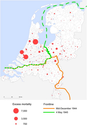 Figure 3. Estimated numbers of civilian excess deaths during World War II from September 1944 to May 1945* by municipality in the Netherlands.* Only values for municipalities with at least 50 civilian excess deaths are shown. Source: Calculations by NIDI using non-public microdata from Statistics Netherlands.