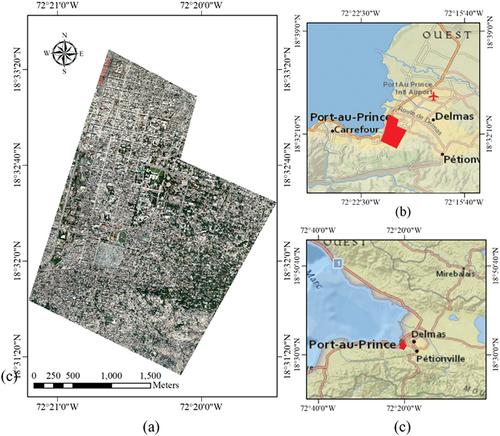 Figure 8. Dataset used for the Haiti earthquake: (a) post-earthquake VHR image, (b), and (c) the geographical location of the study area.