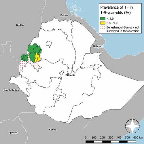 Figure 1. Prevalence of trachomatous inflammation–follicular (TF) measured at trachoma impact surveys in Benishangul Gumuz, Ethiopia, March 2018− March 2019. The prevalence of trachomatous trichiasis unknown to the health system measured simultaneously in all four EUs shown here was between 0.4 and 0.9%. The boundaries and names shown and the designations used on this map do not imply the expression of any opinion whatsoever on the part of the authors, or the institutions with which they are affiliated, concerning the legal status of any country, territory, city or area or of its authorities, or concerning the delimitation of its frontiers or boundaries.