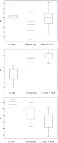 FIGURE 5 Comparison of colour indices (L, a, and b) for blanched green beans (Control), thermally treated green beans (Thermal only), and green beans subjected to both thermal treatment and acidification (Thermal + Acid).
