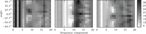 Figure 4. Mean auditory input for angles−15°, 0°, and 15°. IC activations are population codes of shape 20×13. Each column of neurons analyses a different frequency, each row prefers a different angle. See CitationDávila-Chacón et al. (2012) for details. Note that there is some regularity in the input, but it is fairly complex, relatively high-dimensional, and noisy (even when it is averaged as seen).