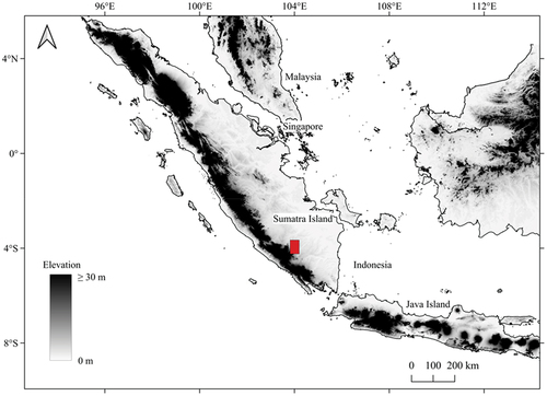 Figure 1. Study area in Sumatra, Indonesia shown in red rectangle. The back ground image is an SRTM30+ Global 1 km Digital Elevation Model (DEM), downloaded from the Environmental Research Division’s Data Access Program (ERDDAP). The map uses the World Geodetic system 84 (WGS 84) coordinate system.