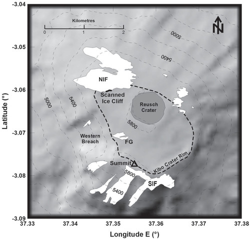 FIGURE 1. Map of Kilimanjaro showing the location of the summit ice fields and broad scan location. Contours are derived from ASTER GDEM2 data. NIF = northern ice field, SIF = southern ice field, FG = Furtwangler Glacier.