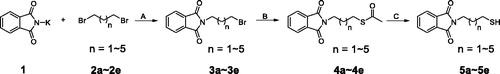 Scheme 1. Synthesis of intermediates 5a–5ea. aReagents and conditions: (A) Acetone, 70 °C, overnight-; (B) Potassium thioacetate (3.0 eq), THF, 75 °C, 5 h; (C) concentrated HCl, MeOH, 60 °C, 4 h.