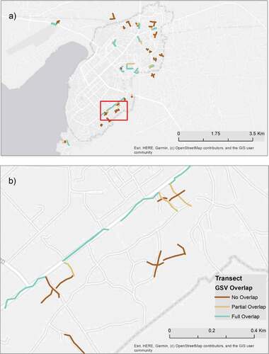 Figure 3. (a) Locations and 2022 Google Street View coverage of environmental transects in Kisumu, Kenya. (b) Inset map showing transects in three case study enumeration areas.