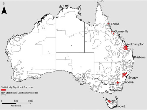 Figure 1 Map showing results of the hot spot analysis in which the red areas are clusters of postcodes that contain statistically significant amounts of authors, when compared to all other postcodes where posts were made. The names of the cities or regions are used here for broad visual identification purposes.