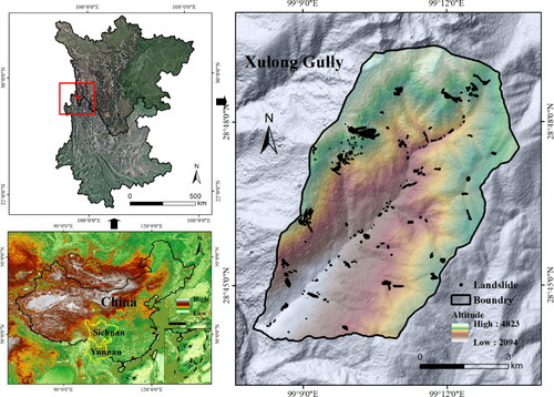 Figure 1. Location of the study area in China (left: Google Maps), the Xulong gully (right).