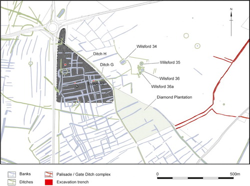 Figure 9. Location map of the trenches at Druid’s Lodge in relation to features revealed by remote sensing. See Linford et al. Citation2015b for detailed discussion of geophysical survey results; a minimally processed greyscale image of the caesium magnetometer data is shown in this figure, with high values plotted in white.