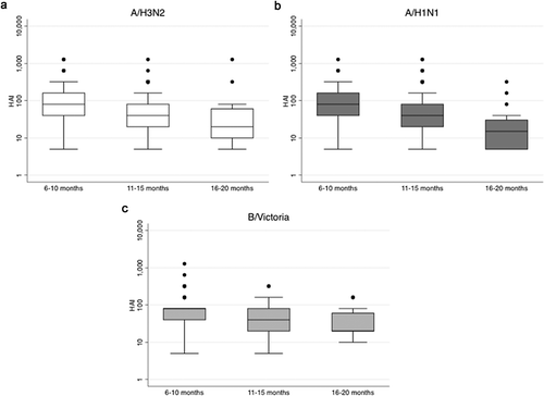 Figure 2. Box-plots of HAI titers at enrolment into the extended follow-up study by months since vaccination.A) A/H3N2 HAI titers; B) A/H1N1 HAI titers; C) B/Victoria HAI titers.P-values comparing time since vaccination between groups (6–10 months vs. 11–15 months vs. 16–20 months) in IIV3-recipients derived from one way ANOVA on log10 transformed HAI titers; p-values <0.01 for all comparisons.The y-axis has been log scaled.HAI, haemagglutination inhibition; IIV3, inactivated trivalent influenza vaccine.