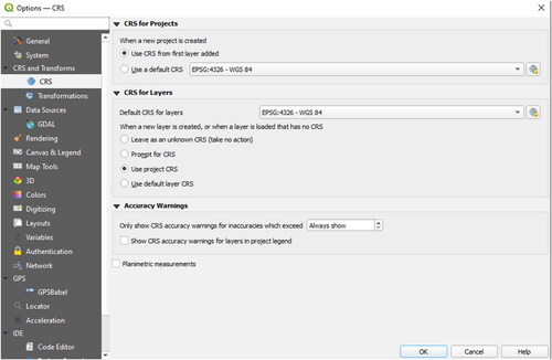 Figure 58. The Coordinate Reference System (CRS) of the project has to be defined within the Project Settings or Project Properties. On-the-fly CRS transformation is the default functionality in QGIS.