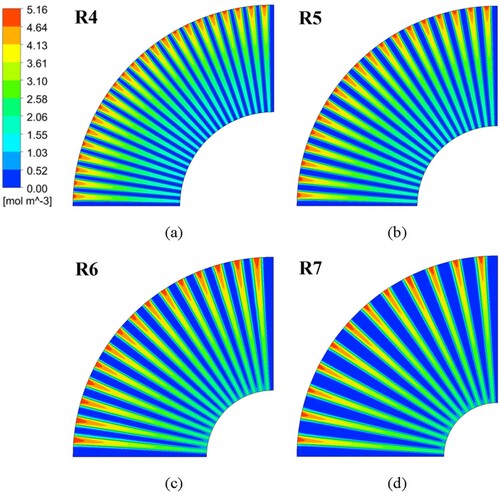 Figure 12 Oxygen molar concentration distributions in the cathodic CLs of PEMFCs with radial flow fields having different radial lengths under 0.5 V.