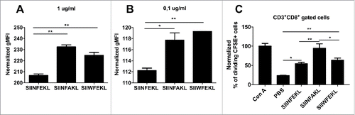 Figure 3. Experimental validation of in silico predictions of the MHC-I binding affinity. RMA-S cells were pre-incubated for 1 h at 4°C. Then, 4 × 106 cells were incubated for 2 h with one of the indicated peptides at two different concentrations (A) 1 µg /mL or (B) 0.1 µg/mL in a volume of 1 mL. The presence of H-2Kb molecules on the membrane was measured by flow cytometry and normalized against cells incubated with no peptide (negative control). (C) OT-I splenocytes were labeled with CFSE dye. Then, 3 × 104 cells were incubated with different stimuli for 72 h in a volume of 200 µL of complete media. Then the percentage of proliferating (i.e., CFSE diluted) CD3+CD8+ T-cells was determined by flow cytometry; data was normalized against positive control Concanavalin A (defined as 100% of proliferation). All the data are represented as mean ± SD; Significance was assessed by One-way ANOVA with Tukey's post hoc test; *p < 0.05, ** p <0.01.