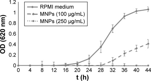 Figure 2 Candida albicans growth curves in RPMI-1640 medium using different concentrations of modified MnFe2O4-NPs in a final volume of 200 µL/well.Notes: Each value represents the mean of three replicates in three different experiments. Bars represent the standard deviation.Abbreviations: MNPs, magnetic nanoparticles; OD, optical density; RPMI, Roswell Park Memorial Institute.