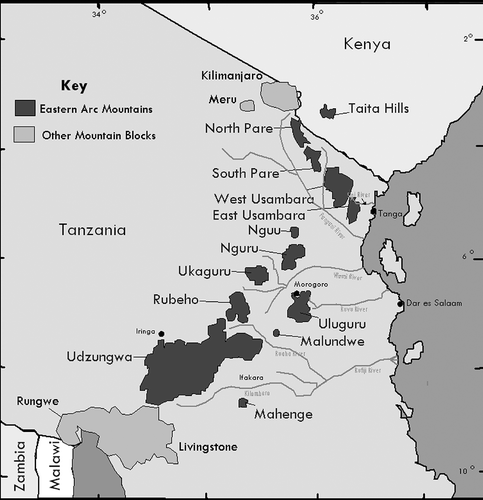 FIGURE 1 Location of the Uluguru North and West Usambara Mountains within the Eastern Arc Mountains, Tanzania.