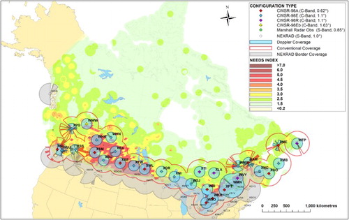 Fig. 3 Canadian operational radar network coverage including blockages with Needs Index map in the background. For further details see Table 2. Needs Index scenarios were created based on the relative ranking and weighting of various factors for hydrometeorological monitoring, including weather and climate-related risks, as well as potential socio-economic impacts.