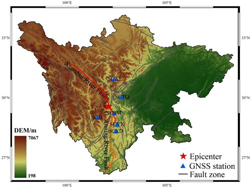 Figure 1. Overview of the study area, Sichuan Province, China. The red star indicates the epicenter location. The blue triangle represents the GNSS stations. The irregular lines are fracture zones, the red one refers explicitly to the Xianshui River Fault Zone, where the Luding earthquake occurred, and the orange one is the Anning River Fault Zone.
