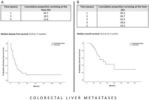 Figure 4. The Kaplan–Meier curve for disease-free survival (A) and overall survival (B) after MR-guided thermoablation of recurrent colorectal liver metastases following hepatic resection. The starting point for the calculation is the date of the first ablation after resection.