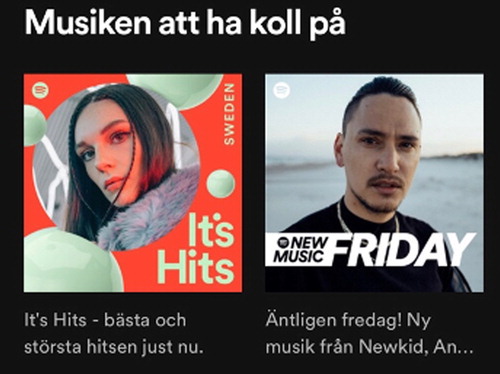 Figure 1. Regionalised content presented on Spotify’s homepage in Sweden (translation: ‘The music to keep an eye on’).