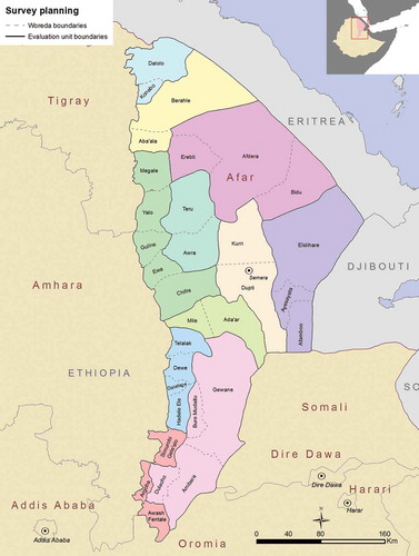 Figure 1. Administrative woredas and evaluation units, Global Trachoma Mapping Project, Afar, Ethiopia, 2013.