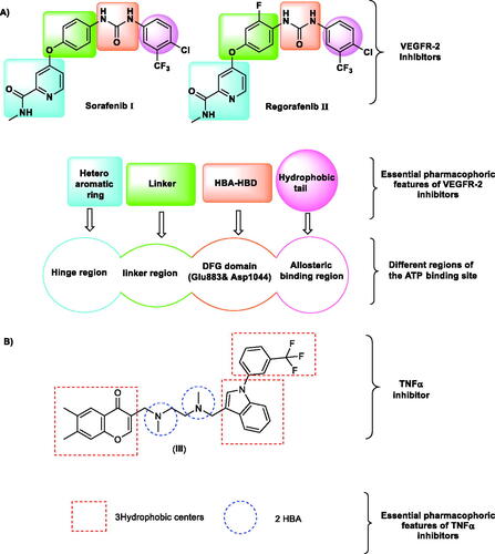 Figure 1. (A) Some reported VEGFR inhibitors showing the essential pharmacophoric features that occupy the different regions of the ATP binding site. (B) reported TNFα inhibitor with its pharmacophoric features.