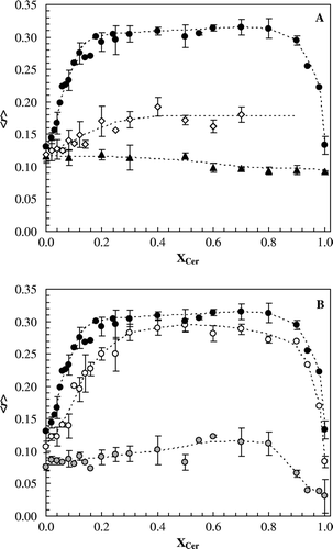 Figure 1.  Cer effects on a fluid membrane detected by different probes. (A) Steady-state fluorescence anisotropy of t-PnA (•), DPH (⋄) and NBD (▴) as a function of membrane composition at 24°C. (B) Effect of temperature on t-PnA anisotropy as a function of composition: 24°C (•), 37°C (○) and 65°C (Display full size). Dotted lines are only guides to the eye.