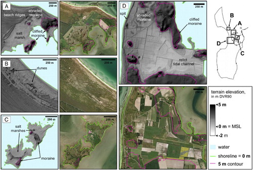 Figure 2. DTM representations and orthophotos of selected field sites. (a) Prograded beach ridges on the exposed side of cliffed and wave-abraded moraine elevations and the formation of salt marshes on the protected side. (b) Aeolian drapings and small dunes covering the extensive beach-ridge system of central Samsø. (c) Salt marshes and remnants of moraine elevations of two islands within Stavns Fjord. (d) A sub-recent coastal lagoon with tidal channel morphology is delimited by an elongated spit connecting moraine cliffs and elevated shoals to the west, while its eastern boundary is delimited by dikes constructed in AD1877 for reclamation of land.