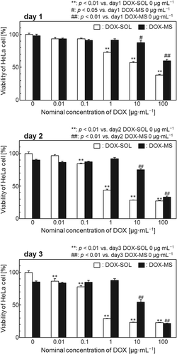 Figure 9. Viability of HeLa cells cultured for 1–3 days in DOX solution (DOX-SOL) and DOX-loaded STXL-20 samples (DOX-MS) (n = 5, mean ± SD, Tukey’s test).