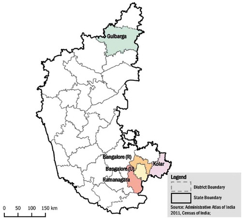Figure 1. Map of Karnataka showing the districts where the research was carried out. Source: IIHS.