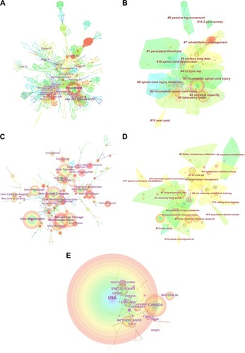 Figure 3 Maps of researchers who published literature on rehabilitation of spinal cord injury from 1997 to 2016. (A) Co-authorship map of authors. (B) Cluster map of authors. (C) Co-authorship map of institutions. (D) Cluster map of institutions. (E) Co-authorship map of countries. The smaller the number, the more nodes the clustering contains.