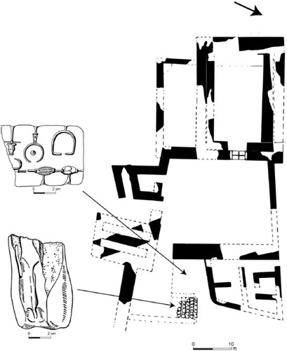 Fig. 3: The Northern Temple of Hazor with the find spots of two moulds: one for casting jewelry and the other for a figurine (adapted from Yadin et al. Citation1961: Pl. CLVIII:30–31; Bonfil Citation1997: Plan II.7)