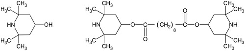 Figure 10. Structural formulae for 2,2,6,6-tetramethyl-4-piperidinol (TMP-ol, left) and bis(2,2,6,6-tetramethyl-4-piperidyl) sebacate (Tinuvin-770, right).