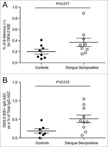 Figure 3. Quantification of DEN-2–80E specific B memory cells in the direct flow cytometry and cultured B ELISPOT assays PBMC from dengue seropositive donors (open circles) and controls (filled circles) were tested in the direct flow cytometry assay (A) and the 6-day cultured B ELISPOT (B) for the presence of DEN-2 80E memory B cells. The lines on each graph represent the group mean with SEM.